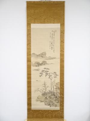 己酉（1849）年　貫名菘翁筆　秋景山水図・忠有三術語　二幅　肉筆絹本掛軸（小林卓斎箱書・添状付）□z